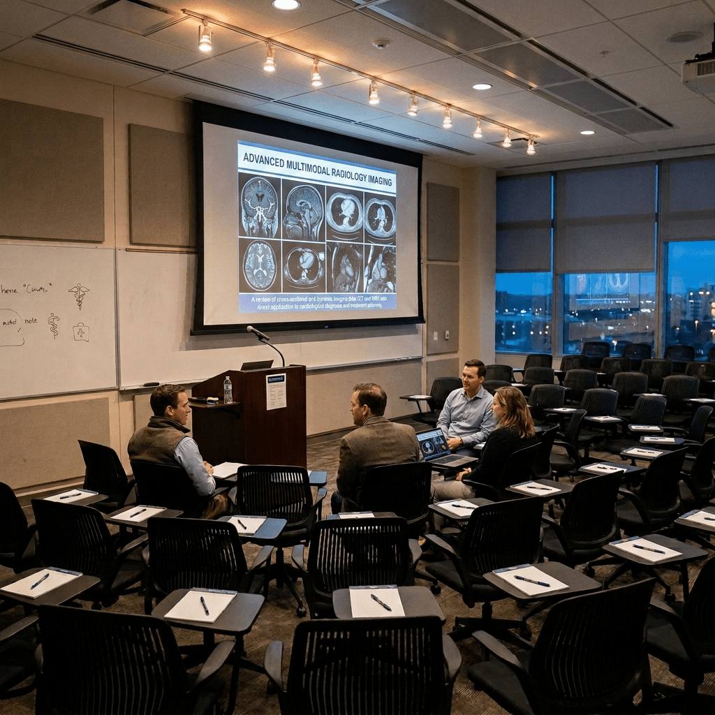 Lecture room prepared for Advances in Cardiology presentation with four attendees